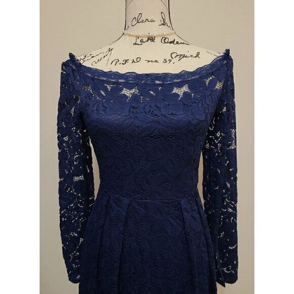 💙 Off Shoulder Lace Retro Pinup Vintage 1950s Long Sleeves Navy Dress L NWT - Picture 8 of 16